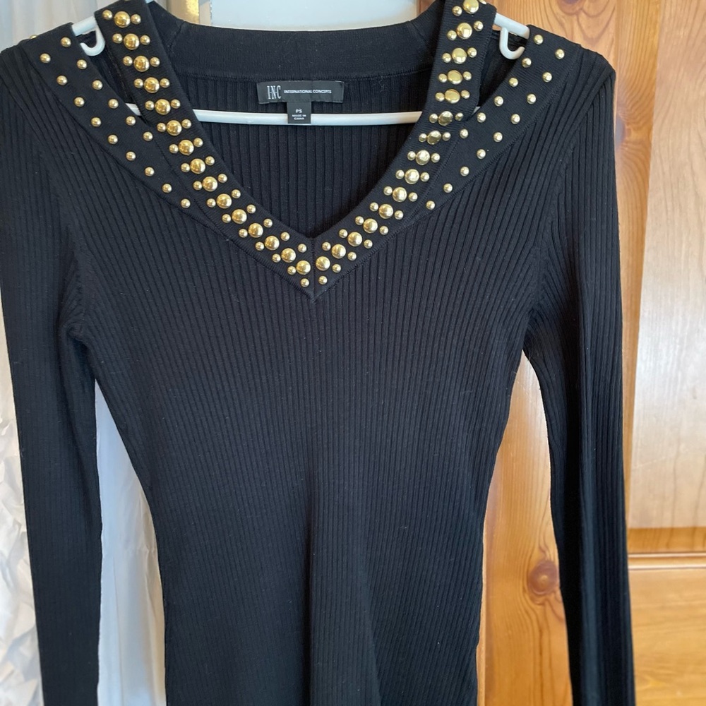 INC International Concepts Black Ribbed V-Neck Sweater with Gold Studs